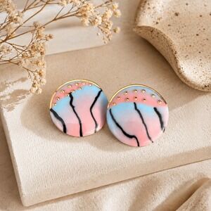 Vtg 90s Handmade Abstract Disc Earrings Memphis Style Pastel Art Jewelry